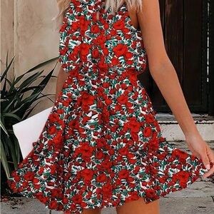 BTFBM Women Floral Dresses Casual Summer Sleeveless Halter Neck Ruffle Belt Boho